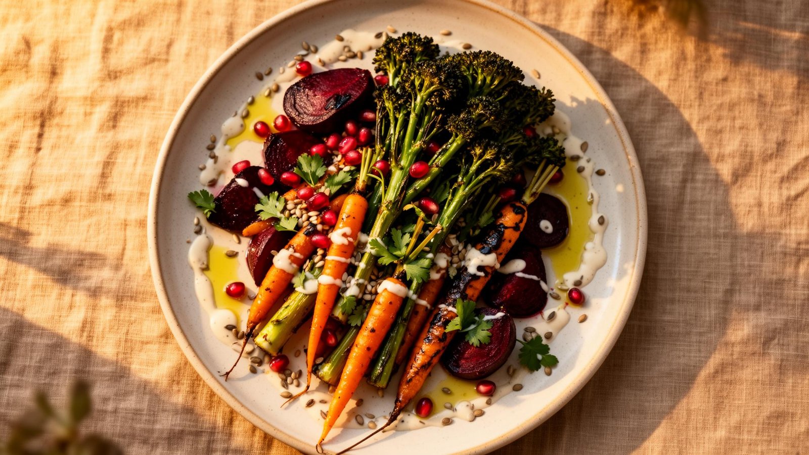 Assiette colorée de légumes rôtis, grenade et herbes fraîches en lumière dorée