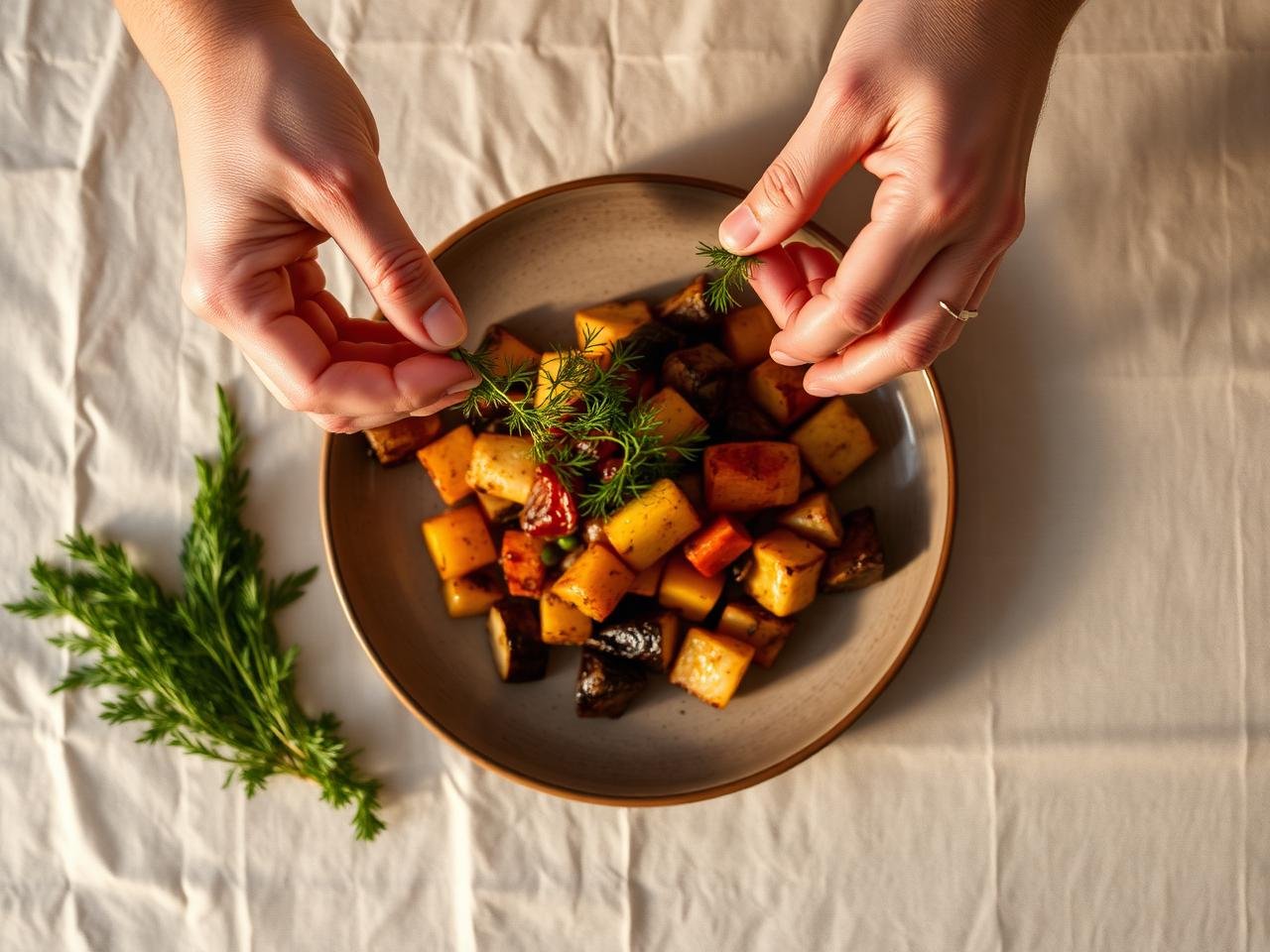 Mains saupoudrant des herbes fraîches